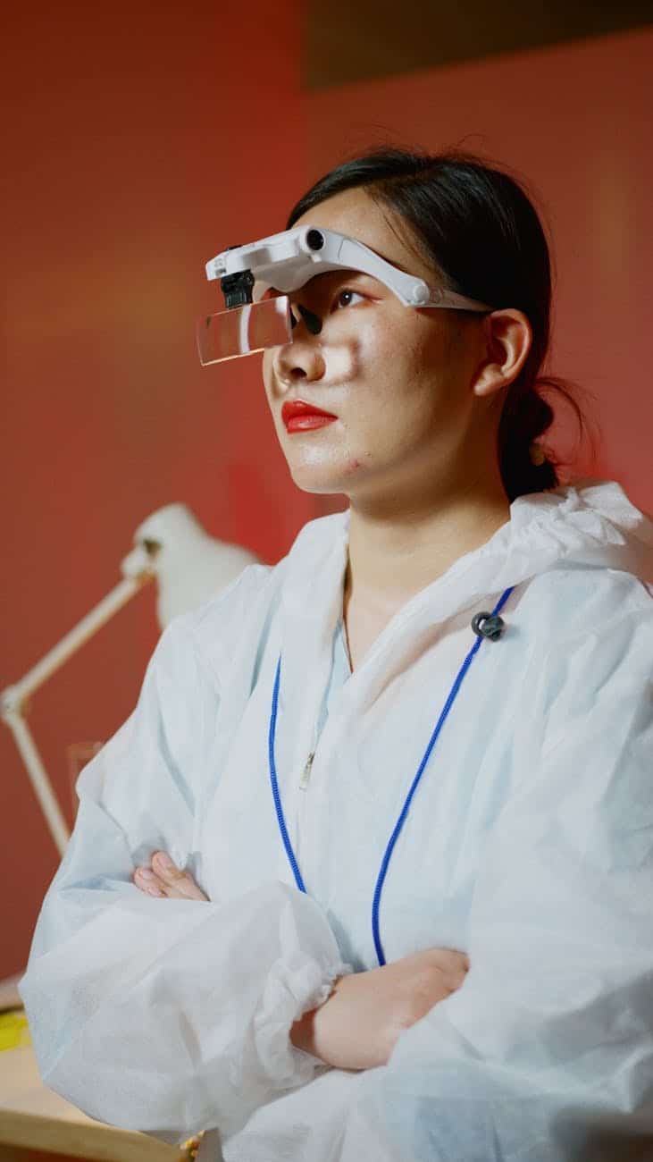 young woman standing in white lab coat looking afar